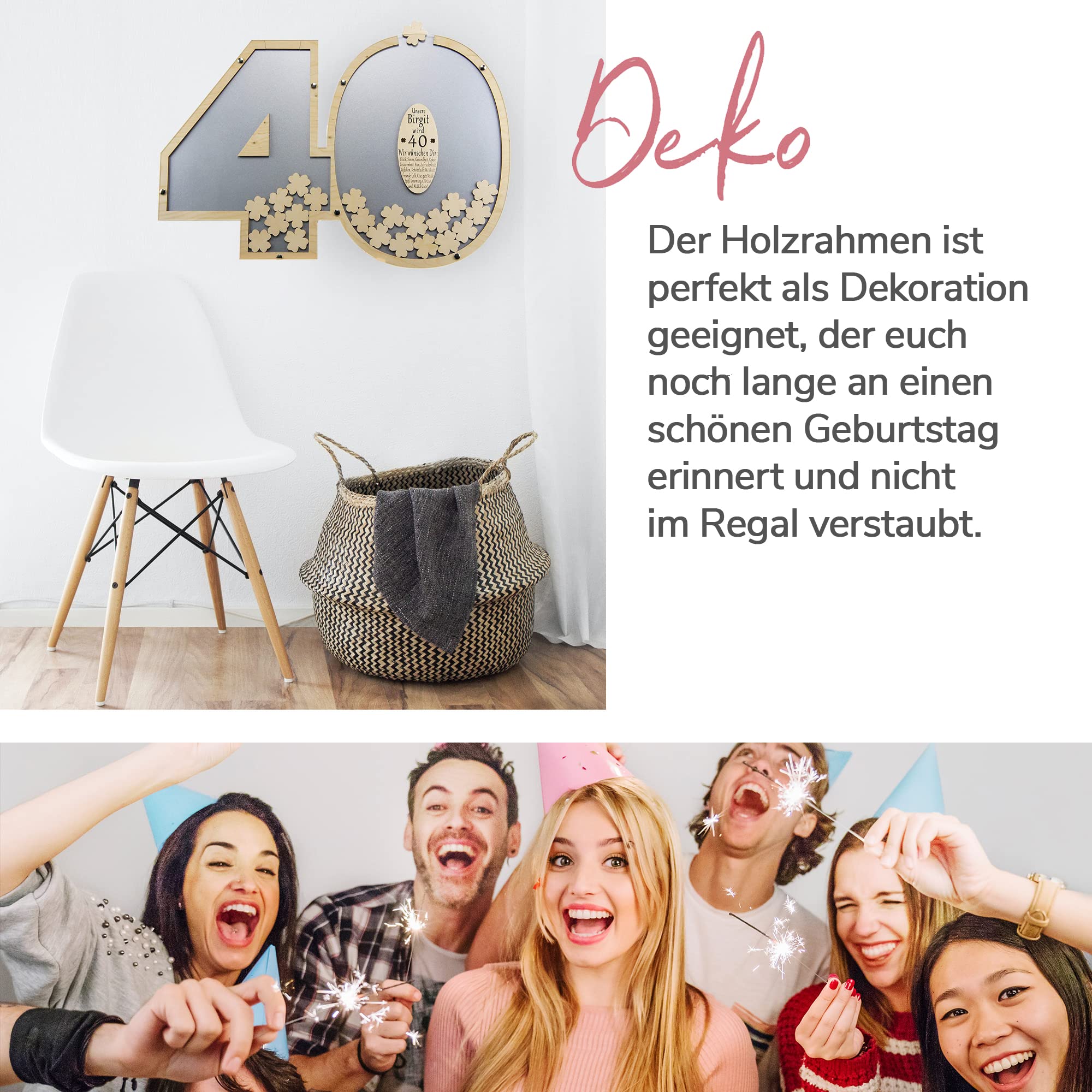 Gästebuch personalisierbar mit Holzzahlen 40 | 40x60cm in Grau | Holz Kleeblätter zum Beschriften - Geburtstag Geschenk für Frau & Mann - 40. Geburtstag | Made in Germany