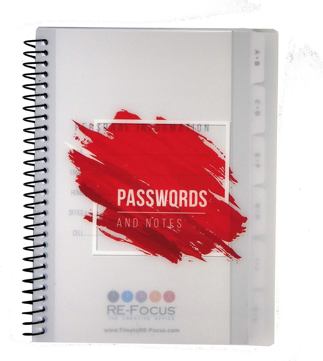 RE-Focus The Creative Office, Password Book Keeper, Small, Mini, Red, Alphabetical Tabs, Spiral Bound, Removable Sheets, Journal Organizer, Includes Website Address, Username, Password
