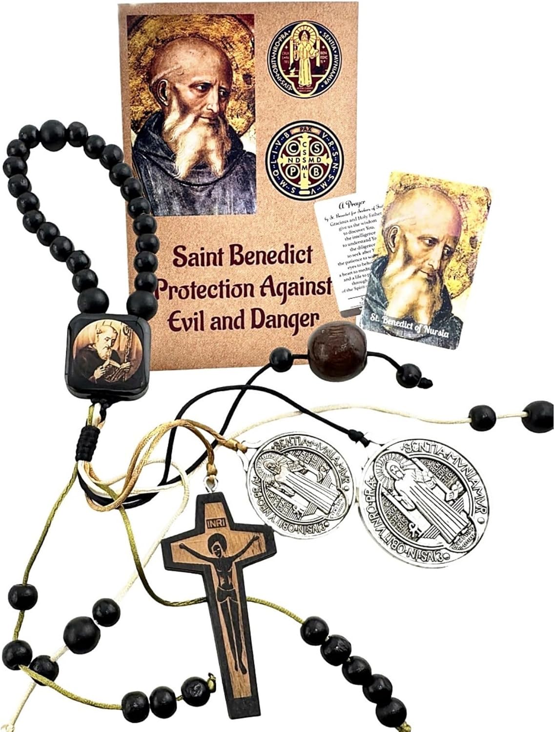 St Benedict Door Hanger Blessing Set – Complete Catholic Home Protection from Evil and House Blessing – Wood Crucifix with Saint Medals, Prayer Folder Pamphlet & Laminated Holy Card Made in USA – 11" Door Knob Hanging Protector