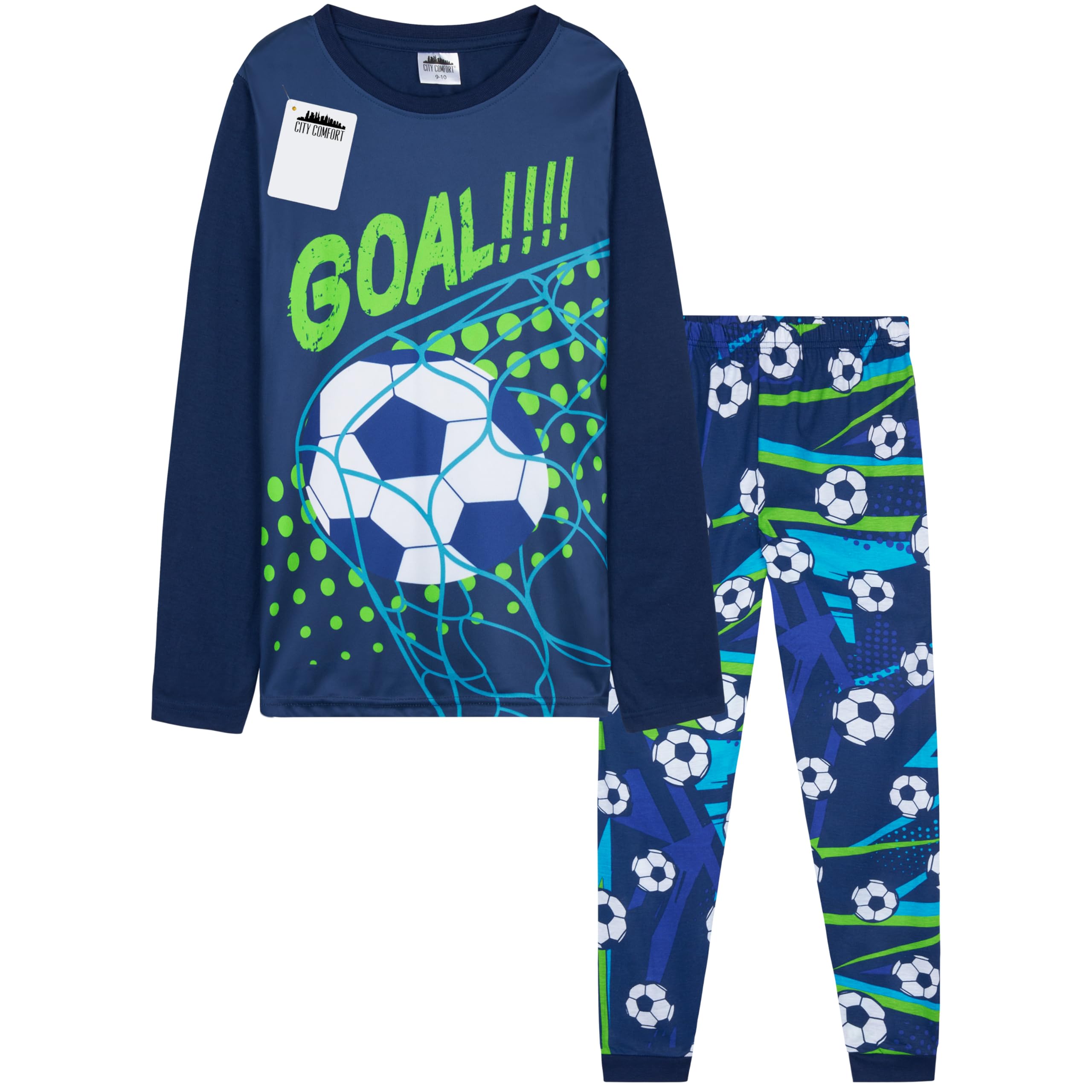 CityComfort Schlafanzug Jungen Lang Weich und Warm Pyjama Set mit Coolen Designs Fussball Lounge Wear Geschenke für Jungs Teens (9-10 Jahre, Blau/Grün Fußball)
