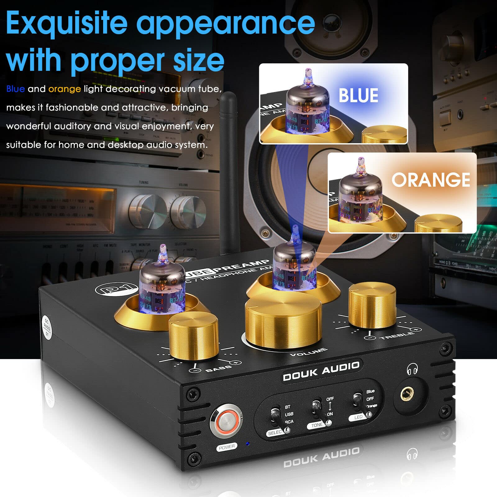 Douk Audio Préamplificateurs Hifi à tubes - Bluetooth 5.0 aptX - Sortie USB, DAC - Amplificateur de casque