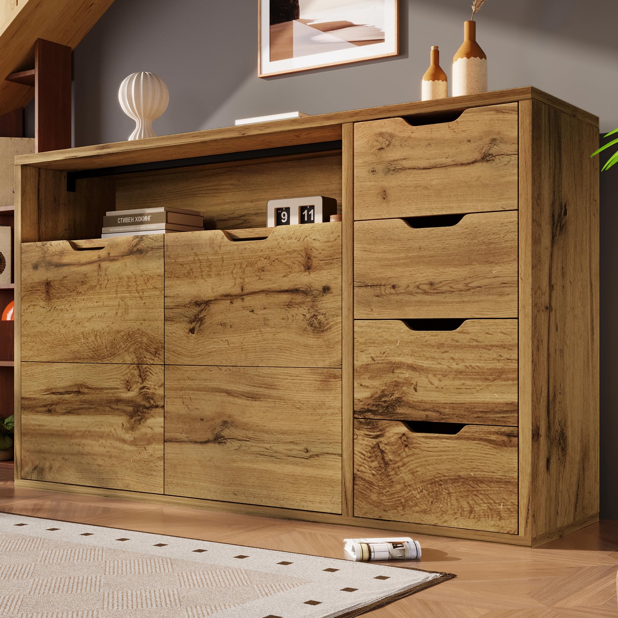 BTM Mobile Contenitore 150x40x90 cm, Rovere, 2 Ante, 4 Cassetti, Ripiani Regolabili