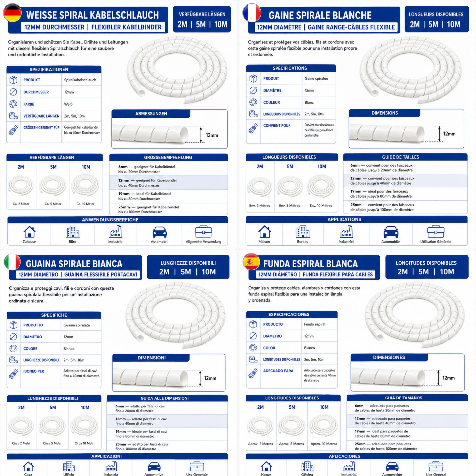 On1shelf® Avvolgicavo a spirale, bianco, 12 mm (2 m)