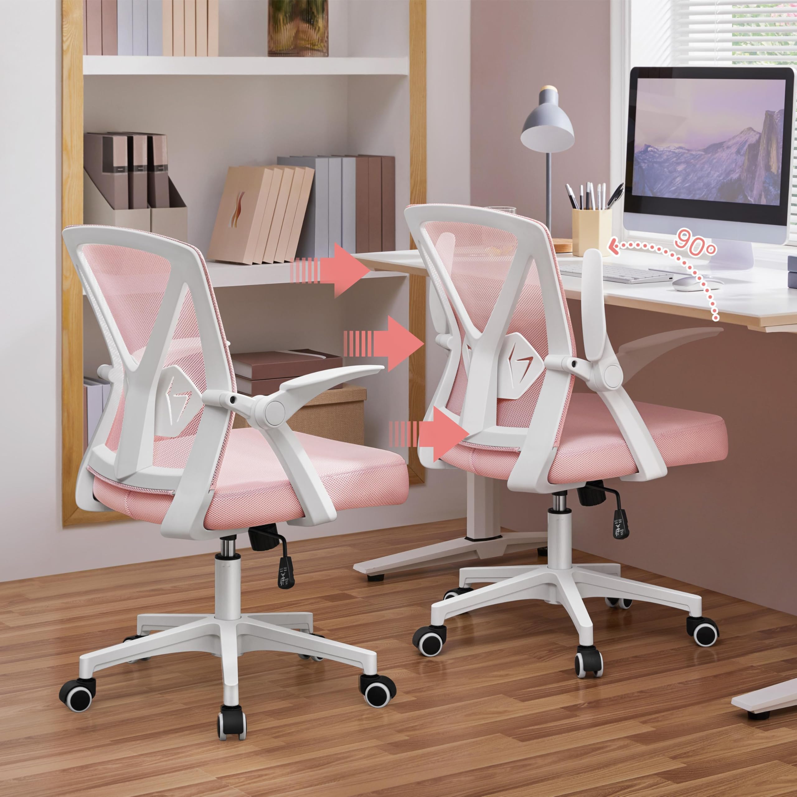 Sedia Ufficio Scrivania Ergonomica con Supporto Lombare Rosa | Altezza Regolabile, Braccioli Ribaltabilie, Ruote Girevole, Traspirante, Schienale Reclinabile, Funzione Dondolo, Camera