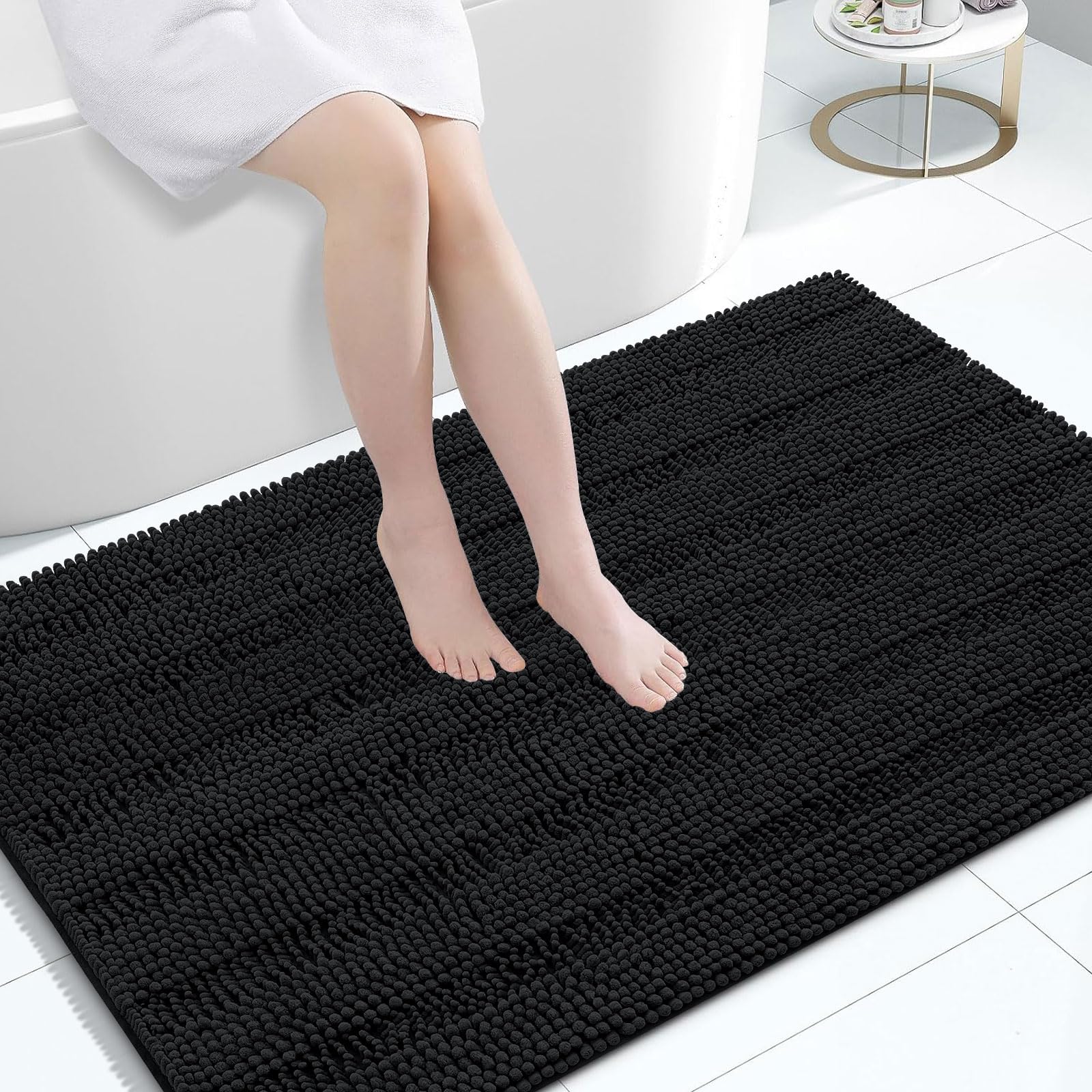 Grandaily Chenille Bathroom Rugs 47x32, Soft Absorbent Bath Mats, Black