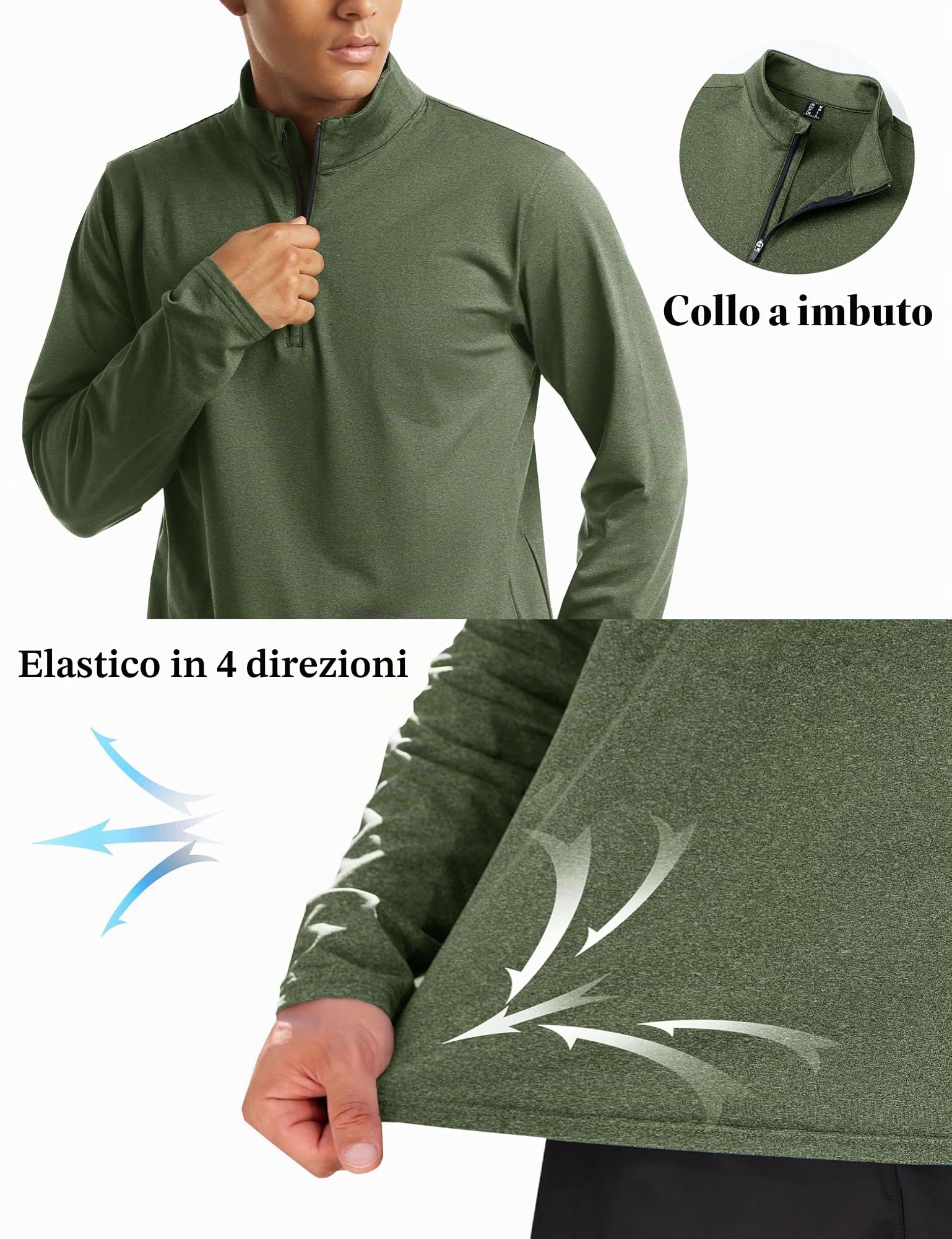 KEFITEVD Top sportivo da uomo con cerniera a 1/4, a maniche lunghe, per palestra, corsa, attività all'aperto, escursionismo, pesca, con colletto alla coreana