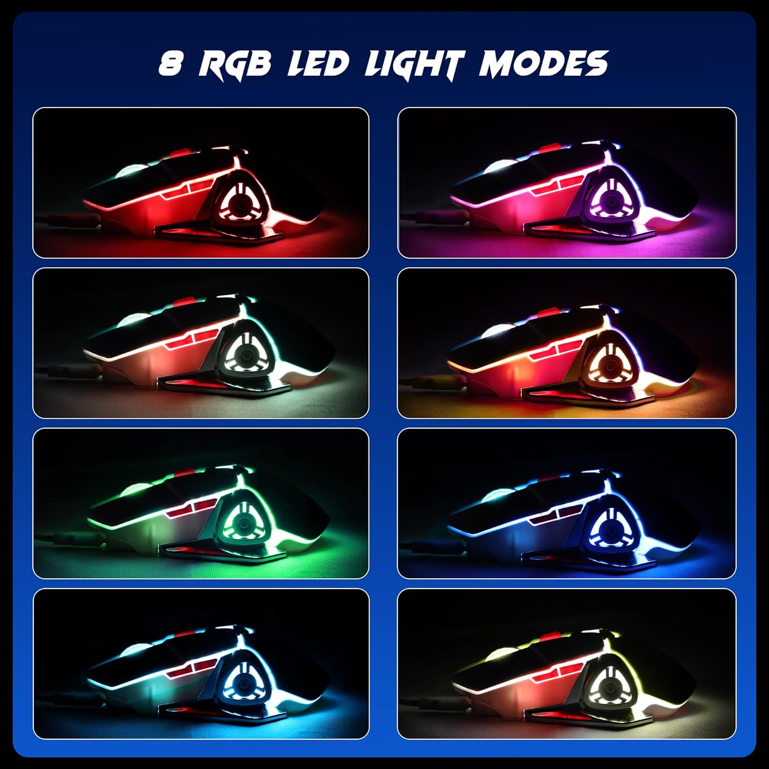 Grid of images showing 8 different RGB lighting modes on the ZEBRONICS Transformer M Plus mouse