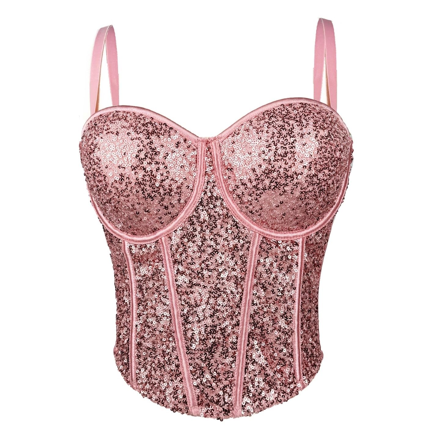 LIUYUYOUGO Sequin Corset Top Women Shiny Glitter Bustier Corset Wedding Party Crop Top Bra Vest Sexy Spaghetti Strap Push Up Corset Top Sparkly Boned Corset Camisole Bodyshaper Pink Xs