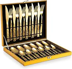 Kit Faqueiro Dourado Luxo Jogo Talheres Inox 24pçs + Maleta