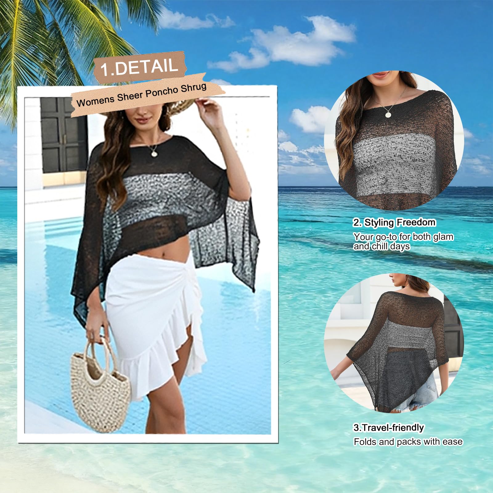 Poncho da Donna Velato Lavorato a Maglia, Trasparente Asimmetrico Coprispalle, Mantella Leggera Scialle Traforata, Estivo Poncho da Spiaggia, Elegante Protezione Solare Moda Copricostume Mare Stola