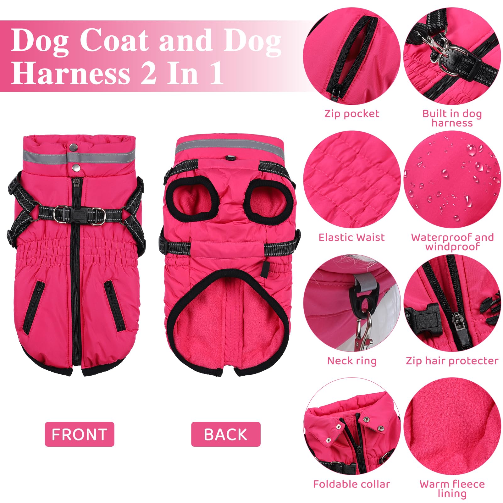 Dog Coat With Harness - Waterproof Winter Jacket for Small Medium Large Dogs Warm Cold Weather Coat With Built-In Harness (rose red, L) - Image 3