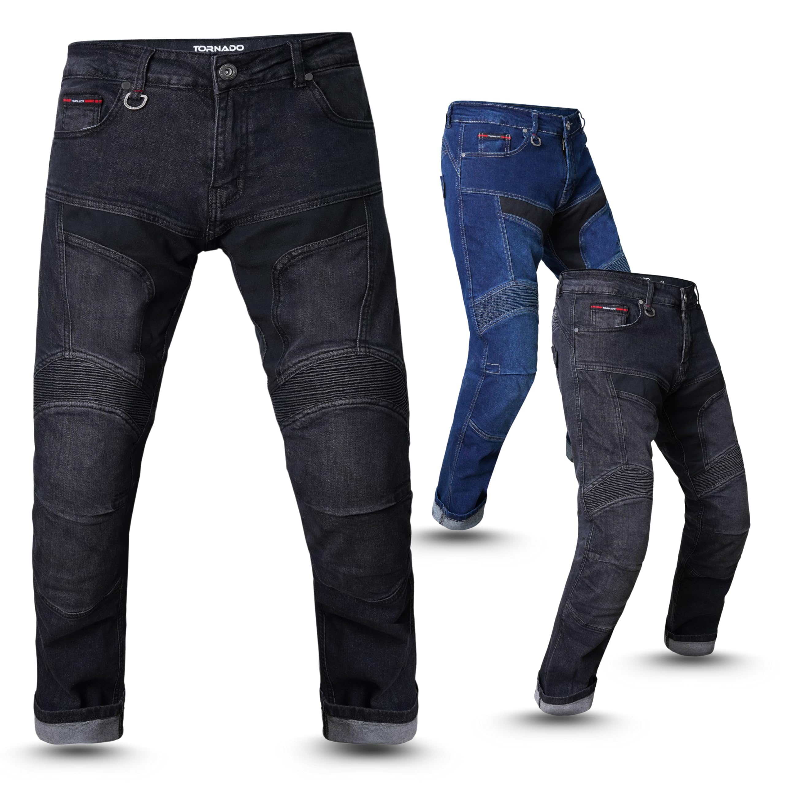 Tornado Durt AA-Rated Motorcycle Jeans for Men Motorbike CE Level 2 Armour, 12oz Aramid Lined Denim with Adjustable Pads, Flex Panels & Reflective Cuffs (UK, Waist & Inseam, 42, 32, Black)