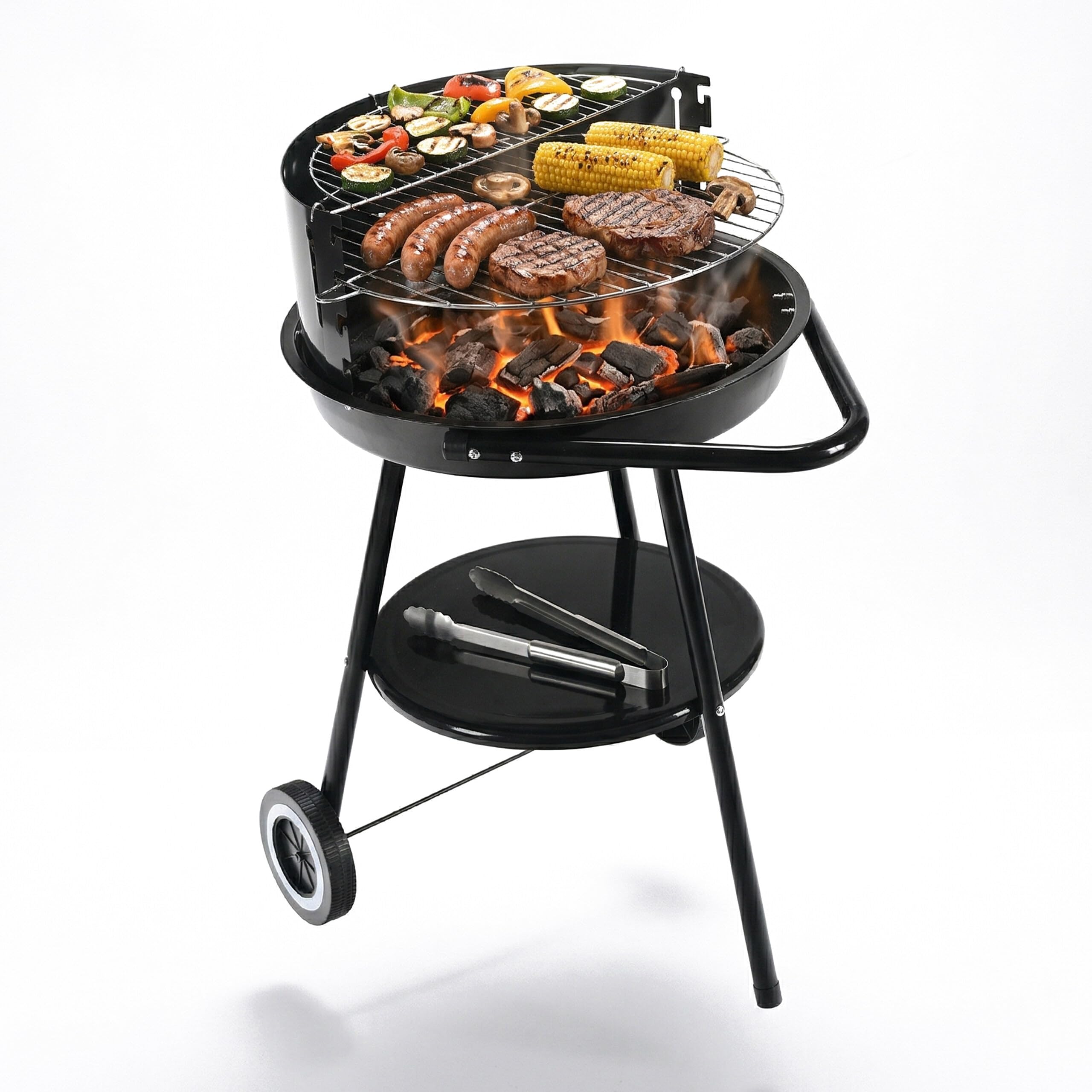 Relaxdays Barbacoa de carbón con Ruedas, Ø 47 cm, jardín, Negra | Paravientos, estante, rejilla calentadora, redonda