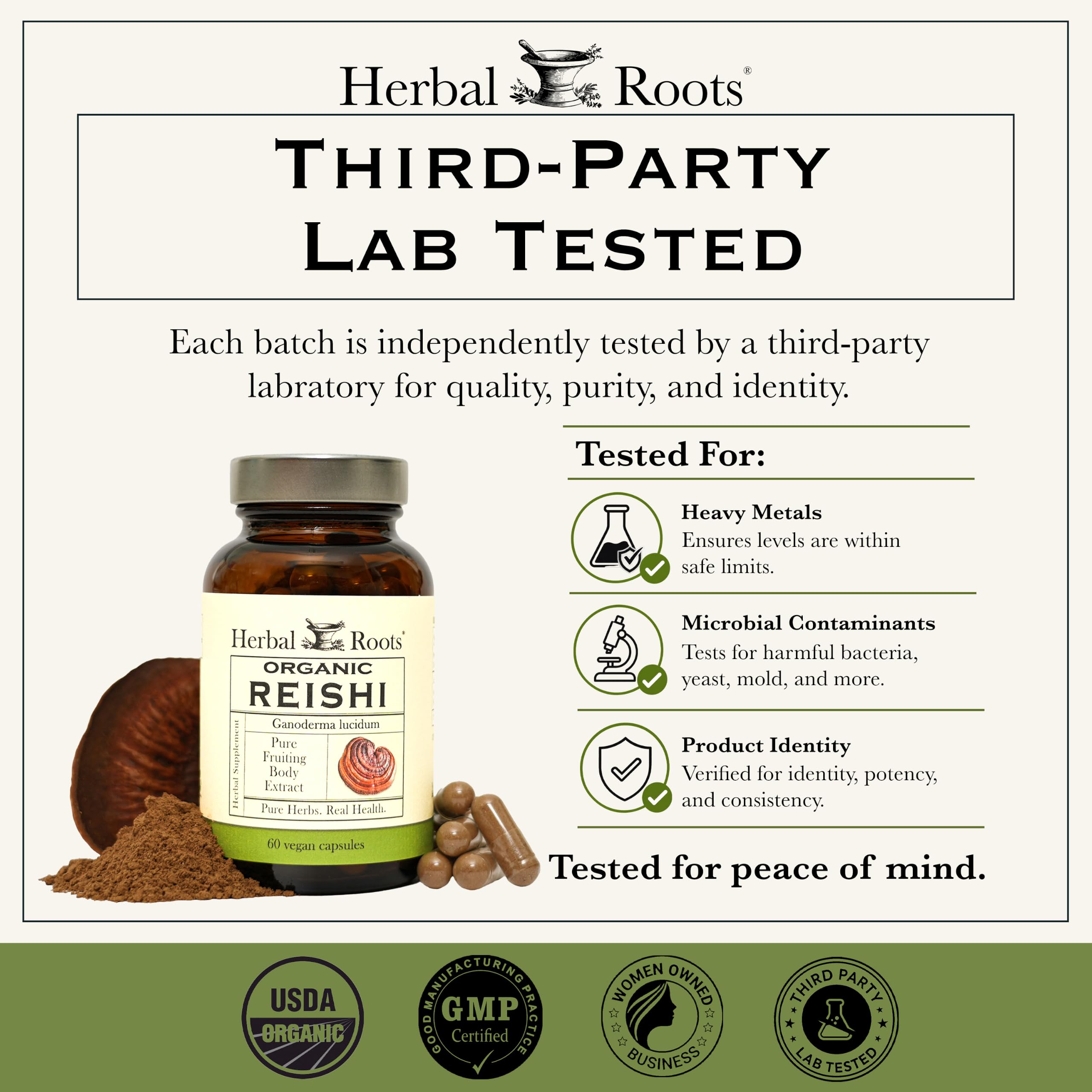 Herbal Roots Organic Reishi Mushroom Capsules - Made with Pure Fruiting Bodies - USDA Certified Organic - Supports Vitality & Cognitive Function - 60 Vegan Capsules — Amazon image 6