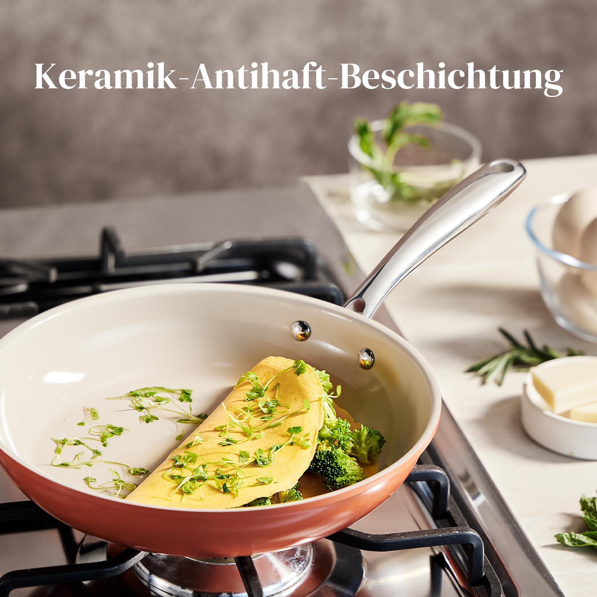 Redchef Padella a induzione da 24 cm, rivestimento antiaderente in ceramica, con manico in acciaio inox, senza PTFE, senza PFOA, senza PFAS, adatta al forno, lavabile in lavastoviglie, arancione