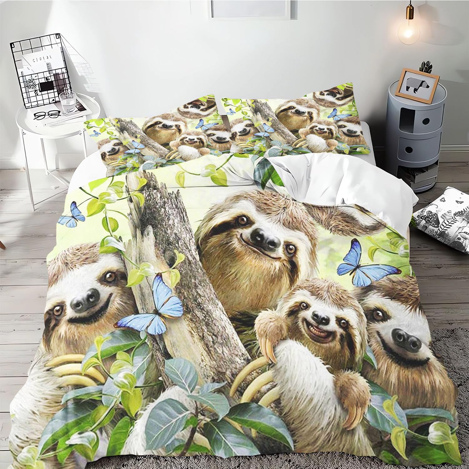 SMchwbc Sloth Bed Linen 135 x 200 cm, Children's Cartoon Animals Sloth Duvet Cover Set for Girls with Pillowcase, Children's Bed Linen 135 x 200 cm, Sloth Bedding Sets Microfibre (140 x 210 cm, 2)