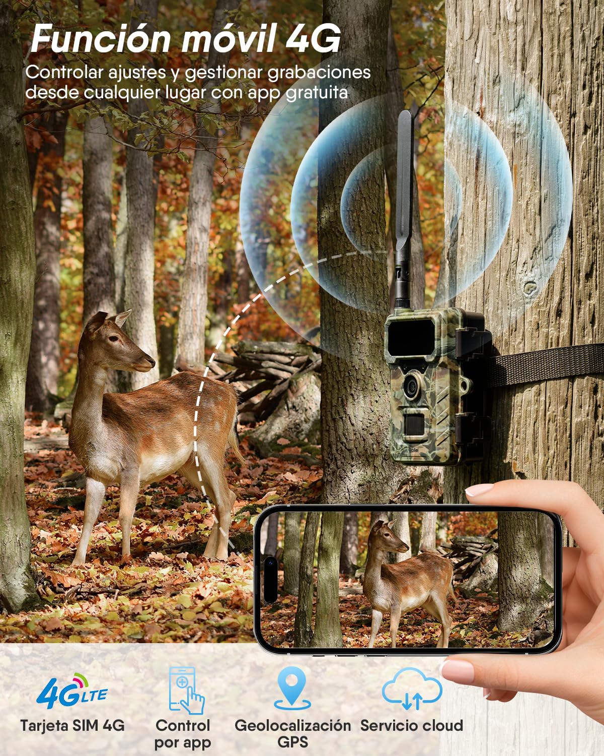 Cámara de Caza 4G Rollei, 4K Camara Fototrampeo con Tarjeta Sim y App y Sensor de Movimiento Cámara de Fotos Trampeo Caza Infrarroja con Visión Nocturna Tarjeta SD de 32GB IP66,Cámara-Caza-Fototrampeo
