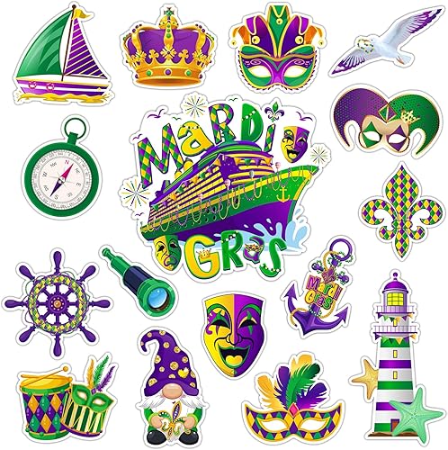 Miniatura 1 de Capoda 16 piezas de imanes de Mardi Gras, máscaras faciales, corona, puerta de crucero, flor de lis, calcomanías magnéticas de carnaval para