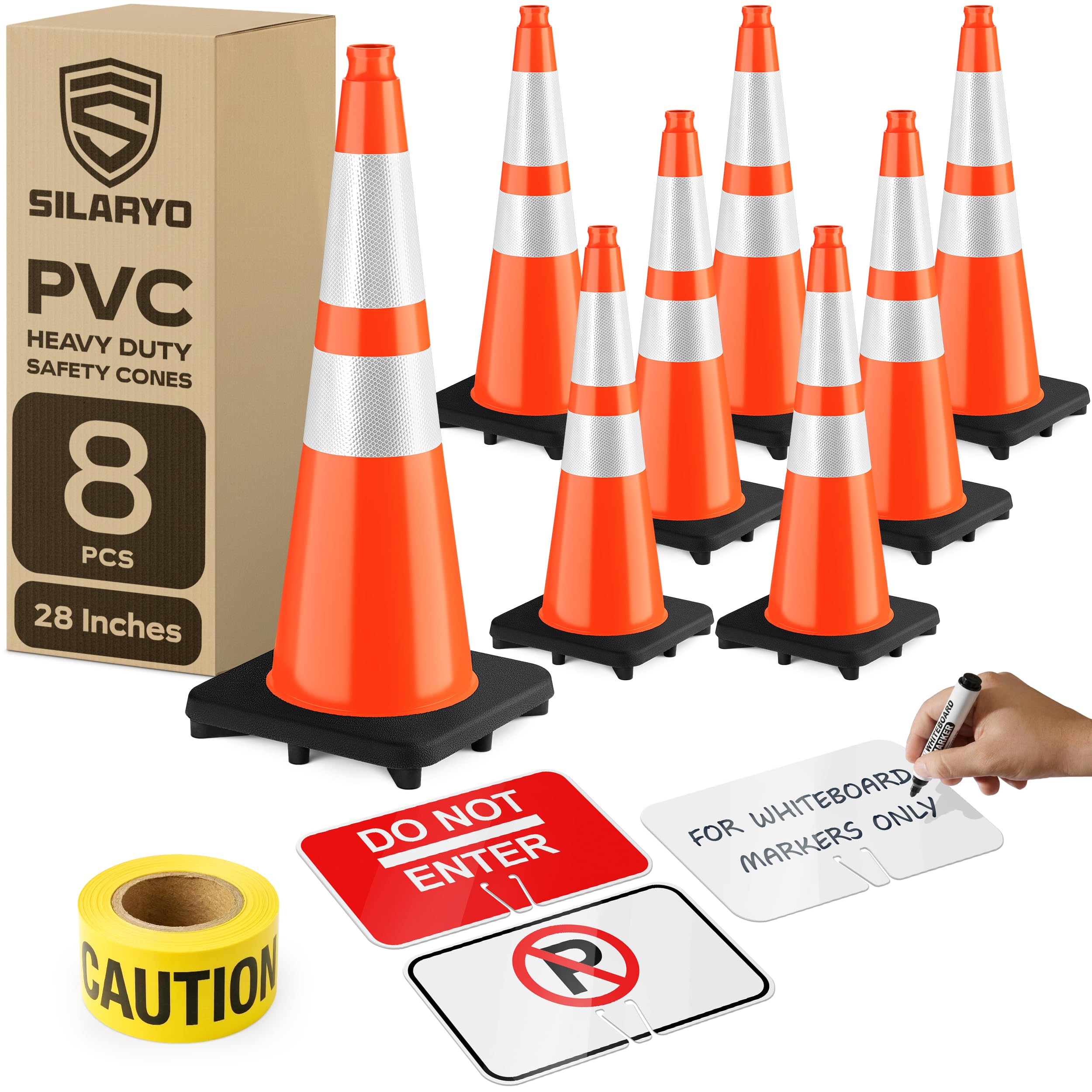 Photo 1 of (8-Pack) SILARYO 28 Inch Traffic Cones | 330-Ft Caution Tape & 3 Attach-on Signs | Heavy-Duty Orange Traffic Cones | Tall & Large Traffic Safety Cones for Construction - PVC, Anti-Skid, -20°F to 130°F