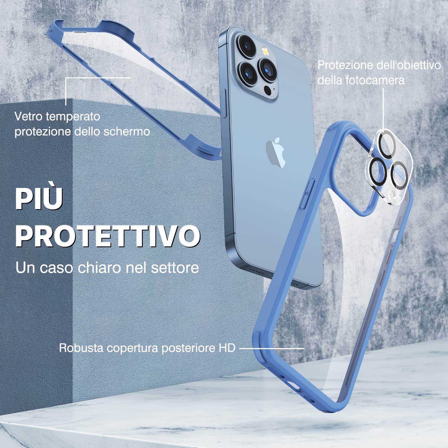 CENHUFO Cover iPhone 13 Pro, con Protezione Schermo Vetro Temperato Integrata e Pellicola Fotocamera [9H HD] 360 Gradi Antiurto Trasparente Case Fronte Retro Doppia Custodia per iPhone 13 Pro -Blu