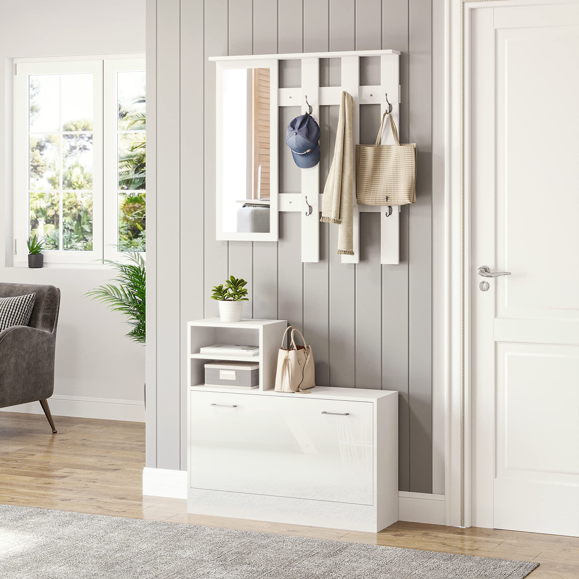 HOMCOM Conjunto de Recibidor de Entrada con Espejo Perchero y Zapatero Muebles de Entrada con 6 Ganchos y Estantes para 8 Pares de Zapatos para Pasillo Blanco Brillante