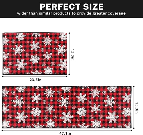 Miniatura 3 de ArtSocket Juego de 2 alfombras y tapetes de cocina antideslizantes y lavables, diseño de copos de nieve navideños, cuadrícula roja, alfombra de