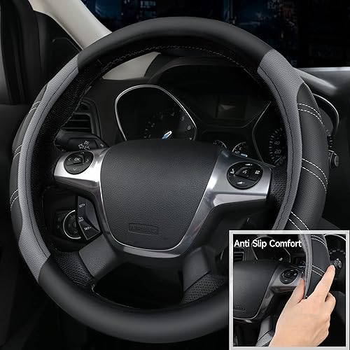 Miniatura 6 de CAR PASS - Funda de cuero para volante y tapetes impermeables para automóvil, ajuste universal de microfibra, 14.5 a 15 pulgadas, deportivo,