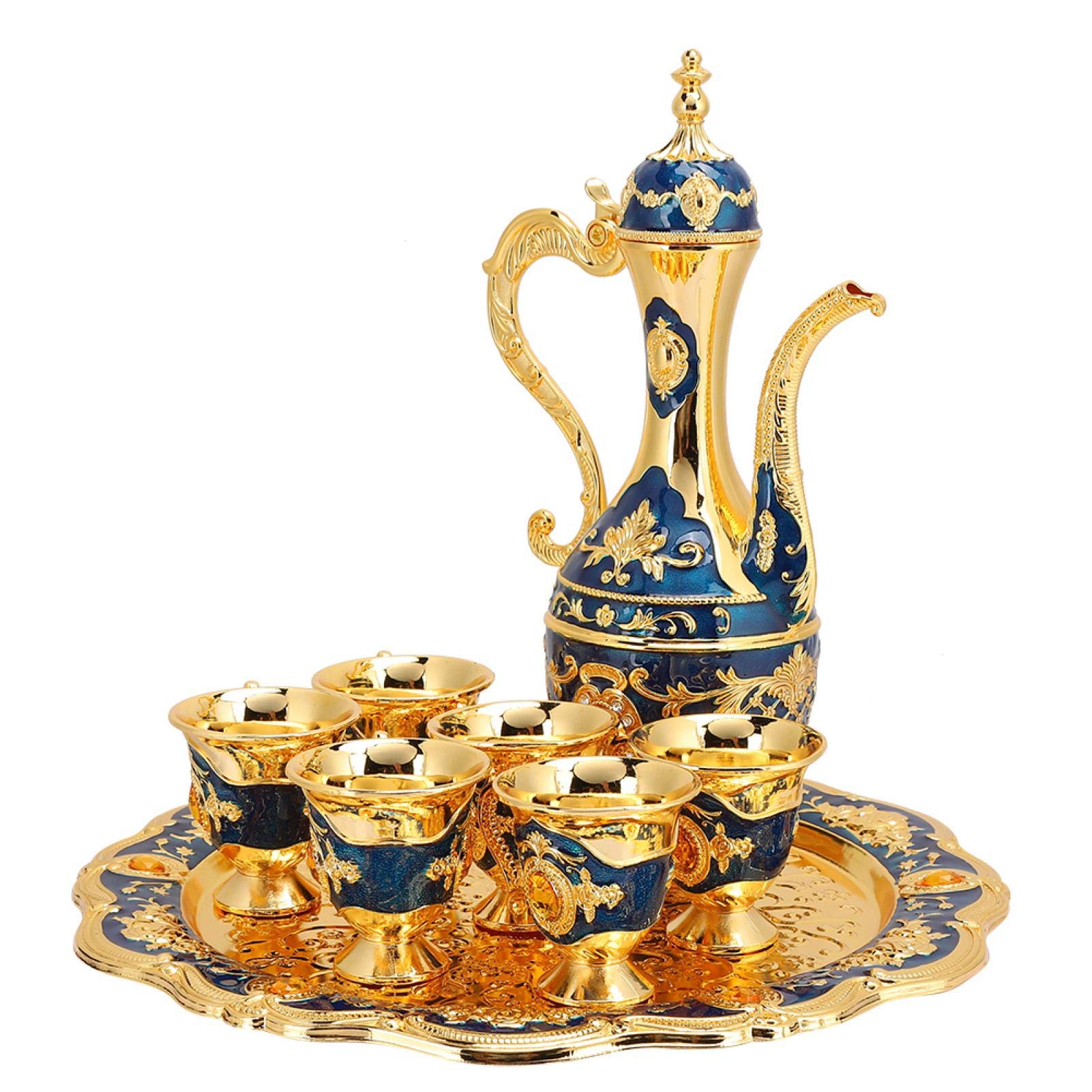 Turecki zestaw dzbanków do kawy w stylu vintage, z 6 filiżankami, metalowy czajniczek i taca rzemieślnicza, elegancki turecki zestaw do herbaty, na wesela, prezenty, wystrój domu (den Blue)