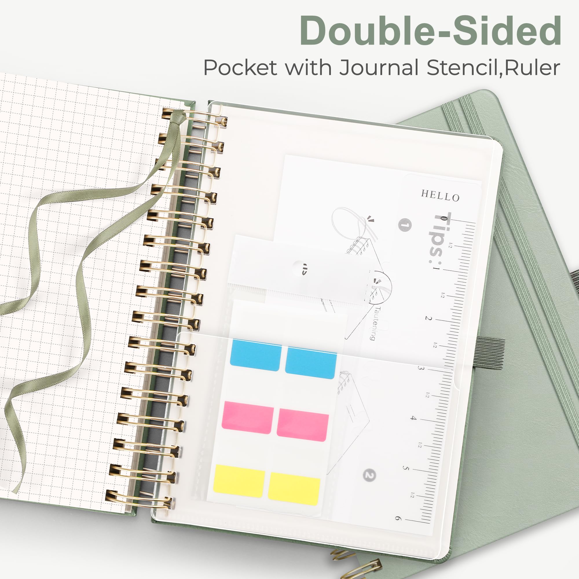 RETTACY Graph Paper A5 Notebook-Thick Grid Notebook Leather Hardcover,Spiral Bound Notepad 140 Pages,100gsm Squared Paper Journal Notebook,Sticky Notes,Bookmark,Note Taking 14.5 x 20.7cm-LightGreen - Image 4