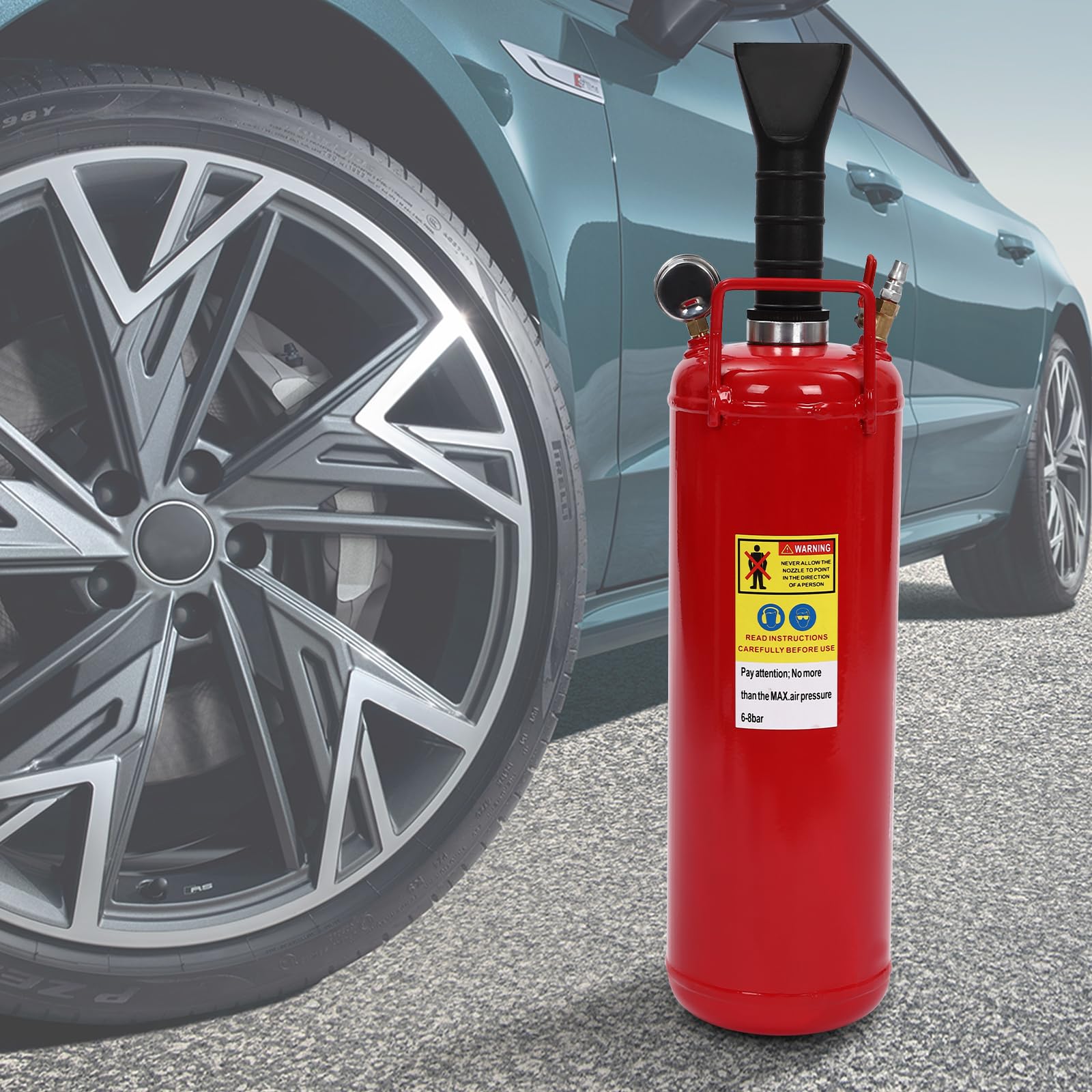 Inflador de neumáticos con medidor para motocicletas y vehículos eléctricos - Capacidad de 2 galones - Presión de trabajo 6-8 bar - Material de hierro rojo - Manómetro y asa de transporte