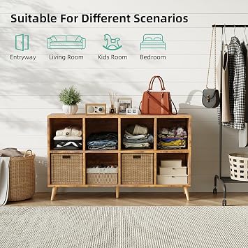 8-Cube Bookshelf 2 Tier Retro Bookcase with Legs, 120cm Wood Bookshelves Storage Organizer Shelf, Freestanding Open Book Shelves for Bedroom Living Room Office, Rustic Brown