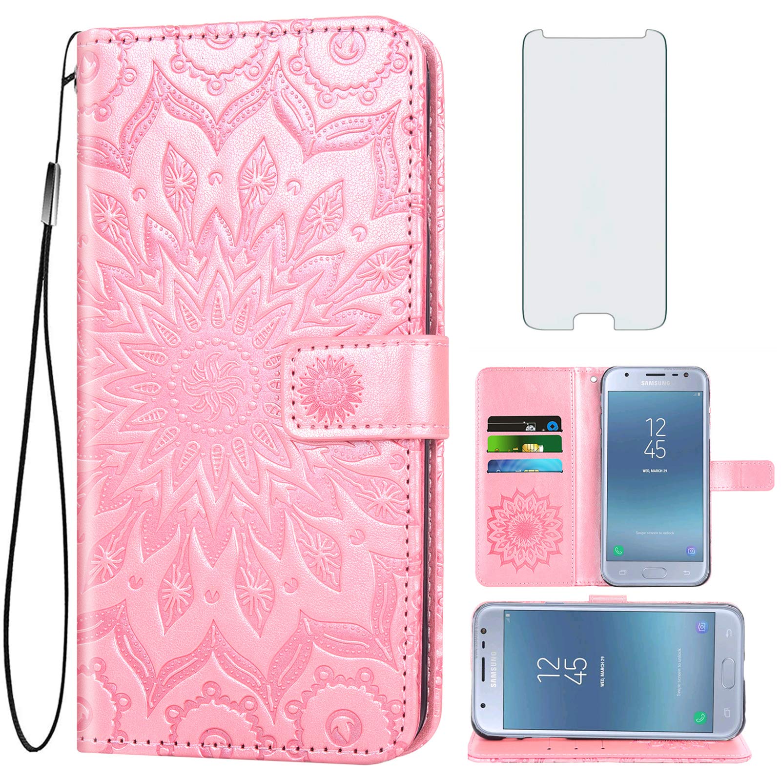 Phone Case for Samsung Galaxy J3 Orbit J 3 Star 2018 3J Achieve Wallet with Tempered Glass Screen Protector Flip Cover Card Holder Stand Cell Glaxay J3V V 3rd Gen J337A J337V J337 Women Rose Gold