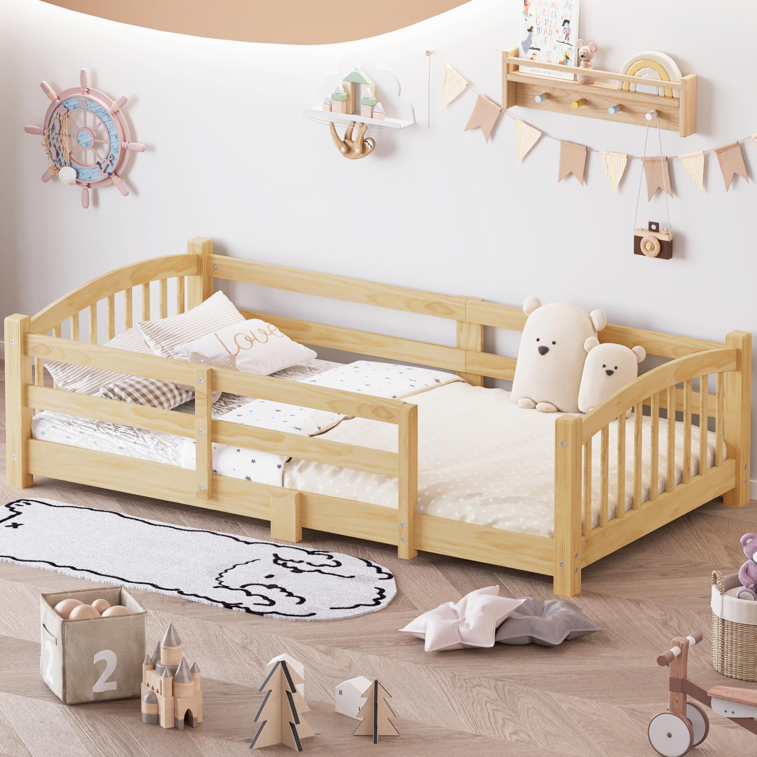 Bellemave Twin Size Kids Montessori Floor Bed, Natural Guardrail