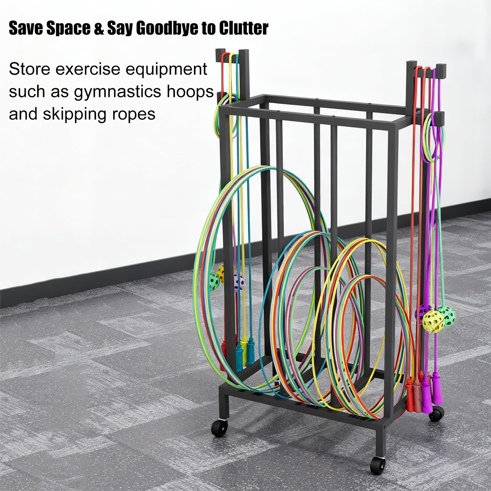 Supporto per Hula Hoop Carrello portaoggetti per hula hoop, resistente, organizer mobile per anelli fitness, carrello espositivo per cerchi fitness con corda per saltare