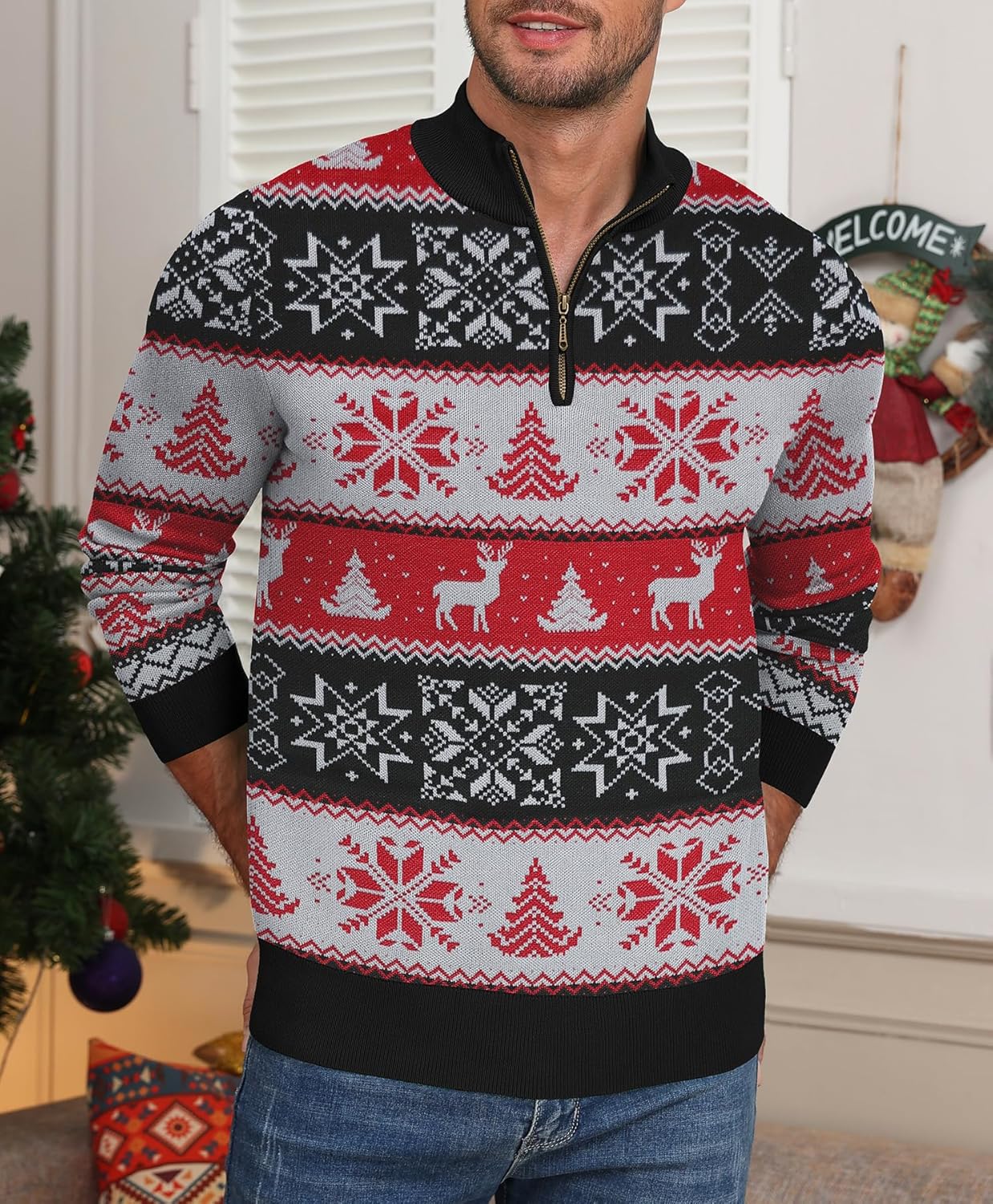 NITAGUT Mens Ugly Christmas Sweaters Funny Graphic Quarter Zip Sweaters Long Sleeve Knitted Pullover Sweaters - Image 2