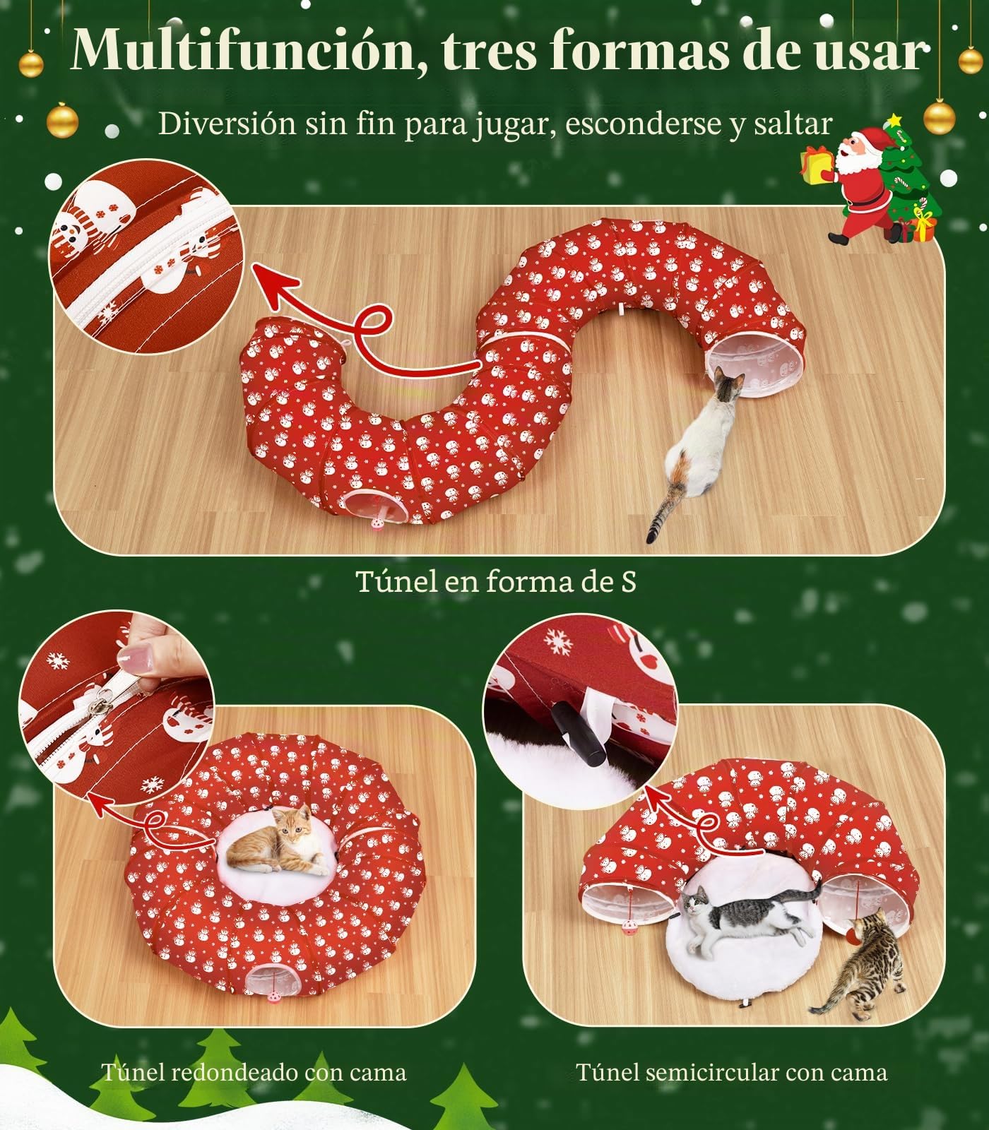 Pawaboo Túnel para Gatos Navidad, Túnel Plegable con Cama para Gatos de Diámetro 90cm con Juguete de Bola de Peluche, Túnels Redondo Plegable para Gatoss Mascotas Pequeñas, Rojo+Muñeco de Nieve