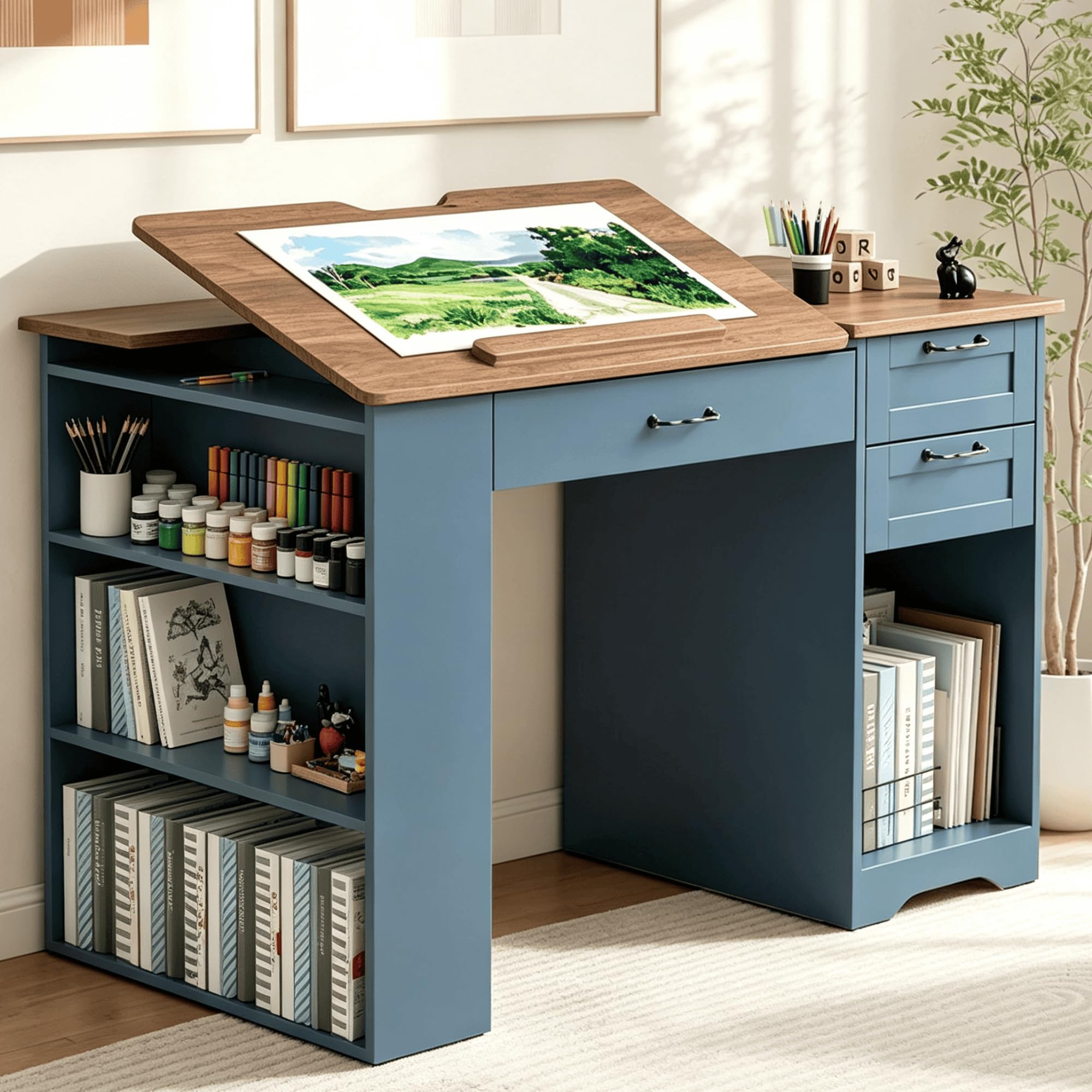 Drafting Table with Storage Cabinet &amp; Drawers, Adjustable Drawing Table with Open Shelves, Craft Art Desk for Artists, Painters, Drawing, Crafting, Reading, Writing, Working (Blue)