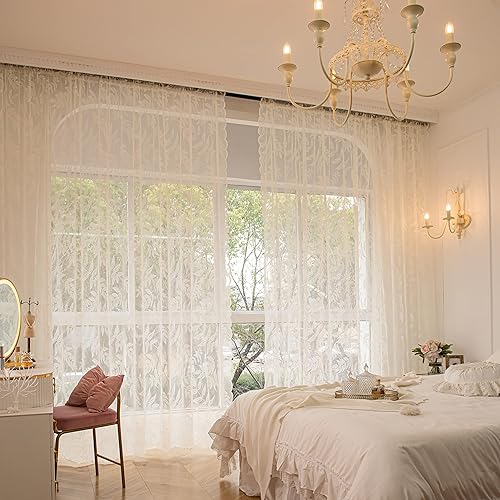 Miniatura 2 de Sutuo Home Cortinas de encaje marfil de 84 pulgadas de largo, cortinas traslúcidas con bordado de hojas para ventana, par de cortinas de punto,
