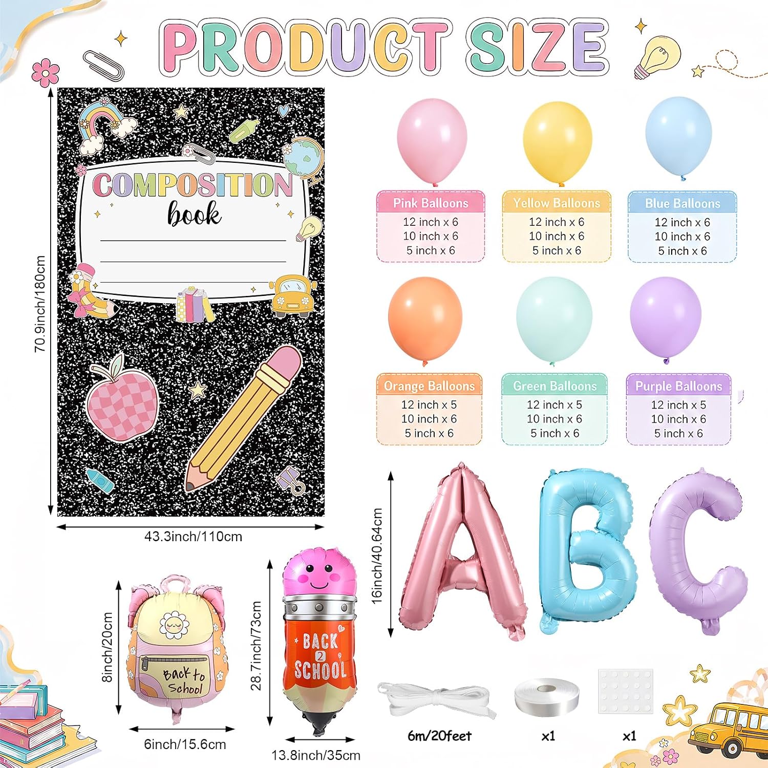Back to School Balloon Arch Kit Pastel Composition Notebook Classroom Decor | Back to School Decorations, Composition Backdrop Inflatable Pencil Schoolbag Pastel Balloon Kit for First Day of School Party