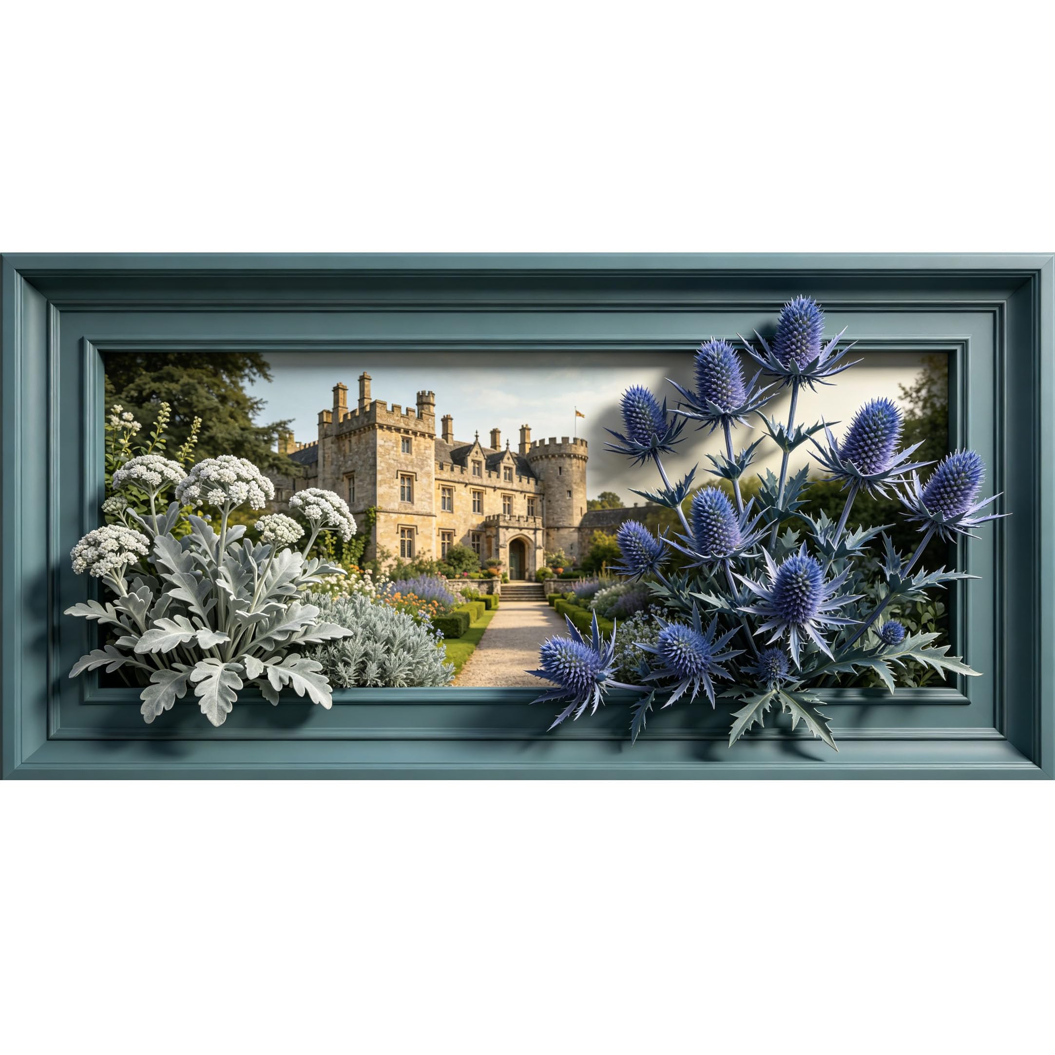 Agglomerix 3D Framed Wall Art European Castle Thistle Flower Landscape Botanical View Large Size SelfAdhesive Removable Wall Decor Prints Artwork for Living Room Bedroom Office
