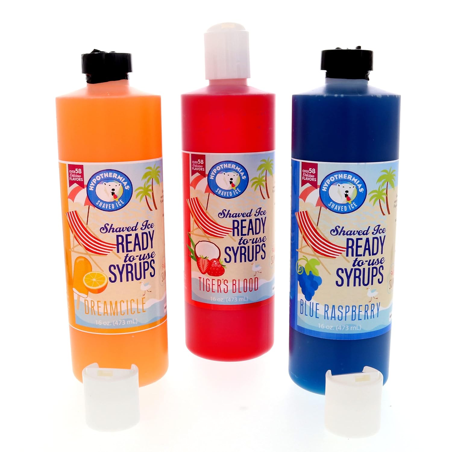 Hypothermias Shaved Ice & Snow Cone Syrup 3-Pack, 16 Fl Oz Pints - Blue Raspberry, Tiger’s Blood, Dreamsicle - Made with Pure Cane Sugar, No Corn Syrup