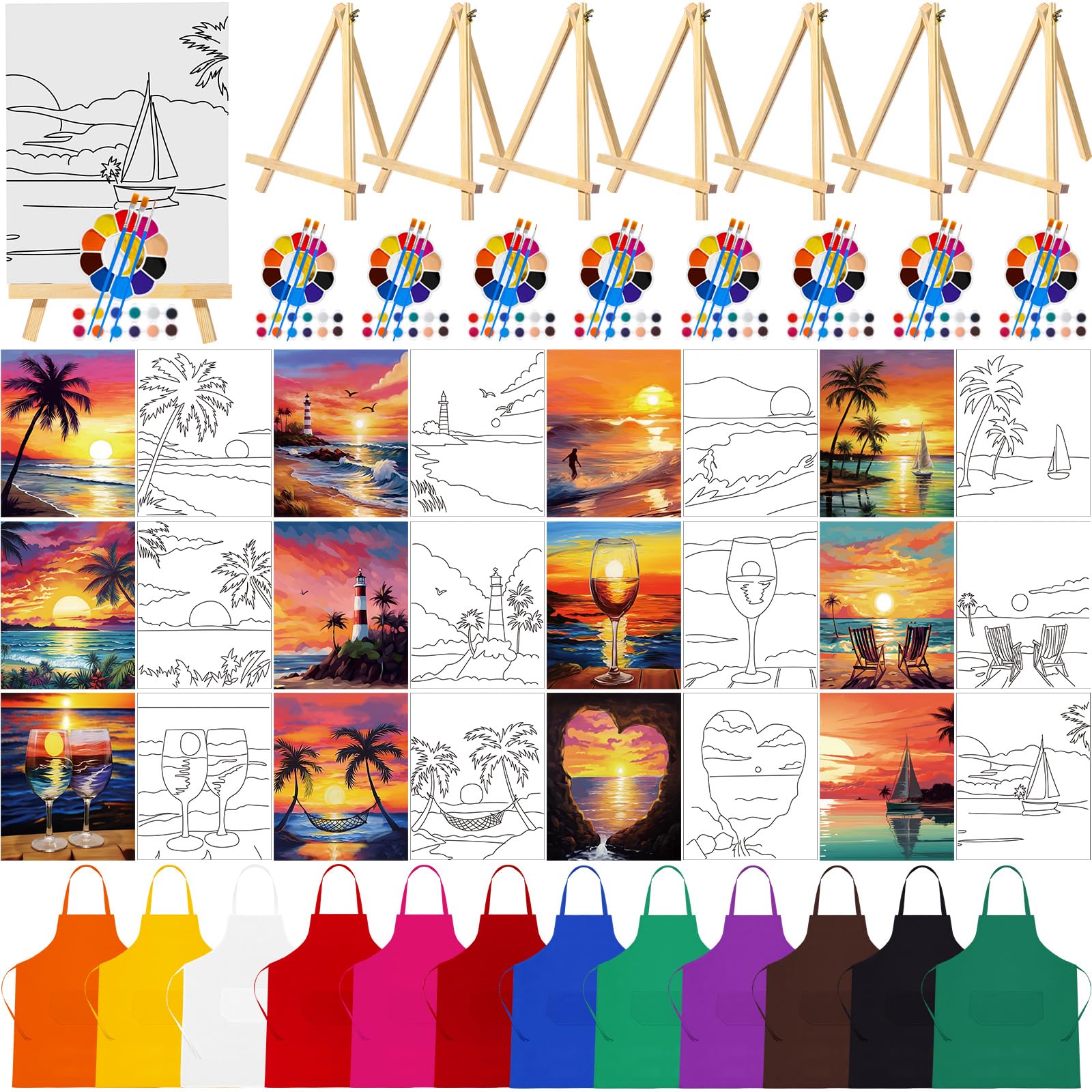 Motipuns 12 Set Seaside Sunset Pre Drawn Canvas Kit Sip and Paint Canvas Painting Set for Adult Pre Printed Cute Canvas Sip and Paint Party Favor DIY Virtual Party Gifts for Painting