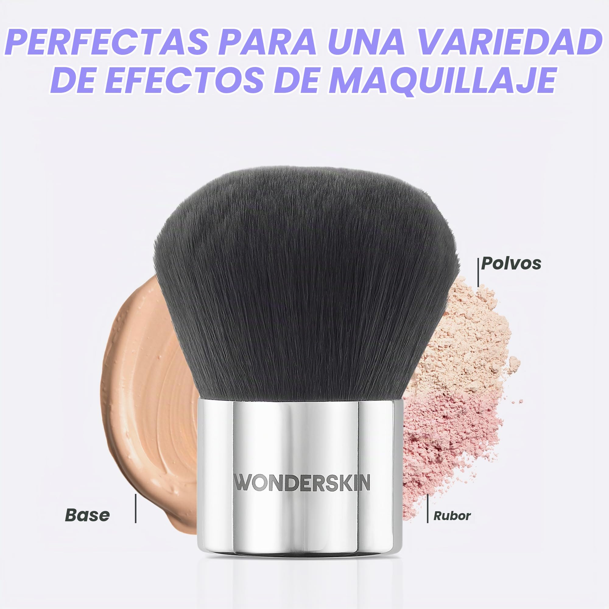 Brocha Kabuki Wonderskin – Brocha redonda para bronceador, rostro y cuerpo – Cerdas ultrasuaves para maquillaje líquido, compacto, suelto o polvo fijador