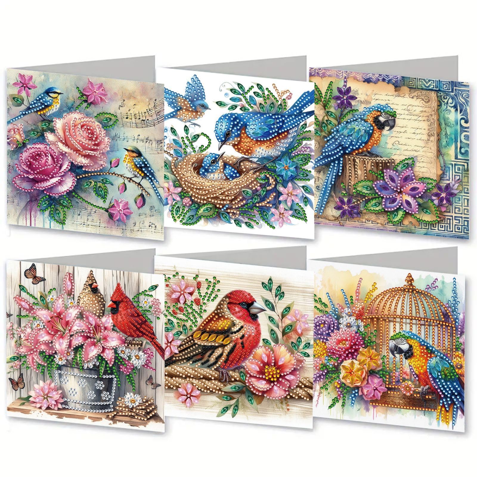 6 Pack 5D Diamond Art Painting Greeting Cards Set, DIY Diamond Art Card Kits with Envelopes, Handmade Craft Note Cards Gift for Women and Crafters-06-Bird