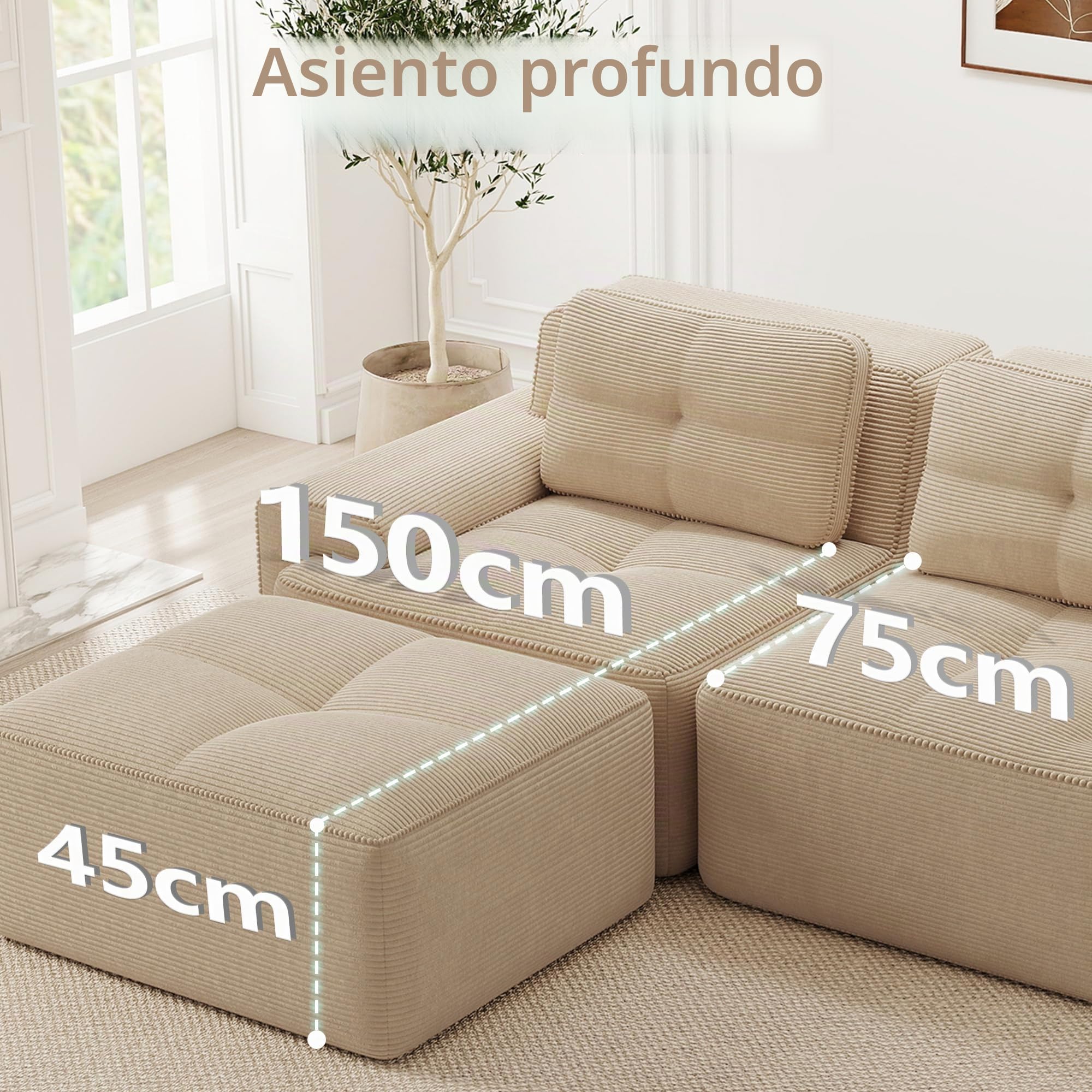 Sofá Modular Comprimido 204 cm, Sofá de 2 plazas con 2 pufs y 2 cojines, Cómodo sofá deshuesado de pana, sofá esquina/sofá cama para salón