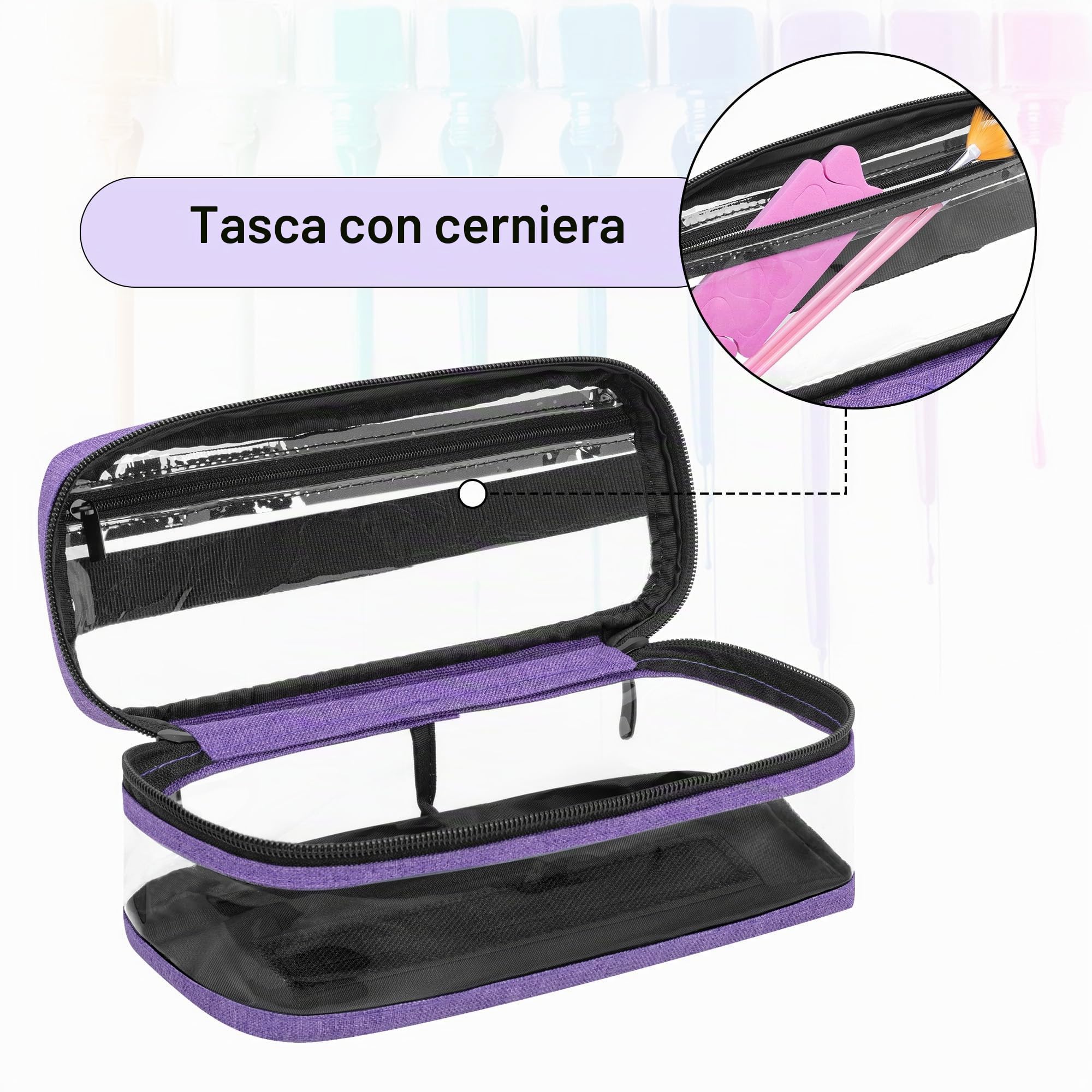 BAFASO Borsa Organizer per Smalti Trasparente Contiene 12 Flaconi, Viola | Valigetta Porta Smalti per Unghie in PVC con Tasche Interne Rimovibili, Solo Borsa, 15 ml - 0,5 fl.oz (Brevettato)