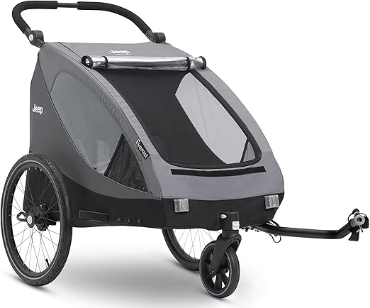 Delta Children, Jeep Everest 2-in-1 Child Bike Trailer and Stroller for 2 Kids, 2-Seater Lightweight Multisport Trailer with Converts to Jogging Stroller, Compact Fold for Travel and Storage, Grey