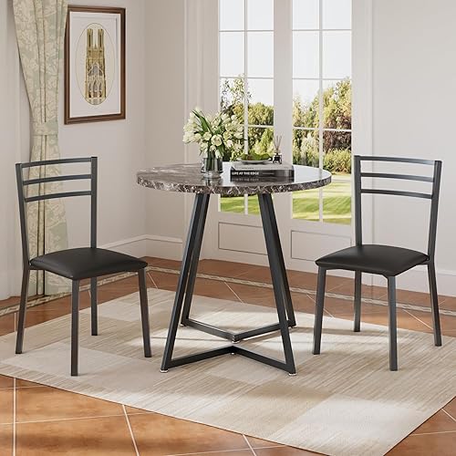 Miniatura 7 de VECELO juego de mesa de comedor redonda pequeña para 2, superficie de mesa de madera con estructura de metal resistente, comedor moderno con sillas