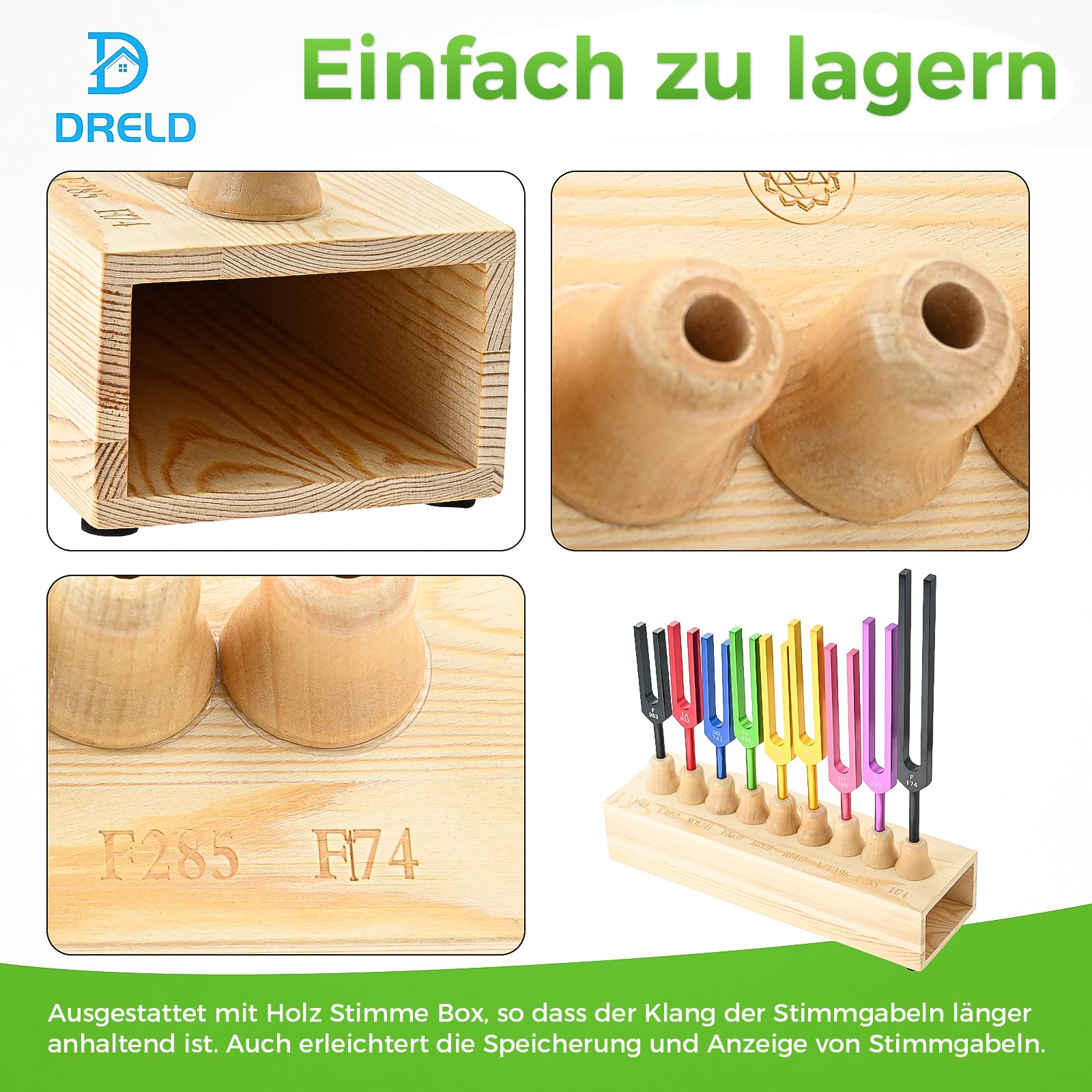 DRELD Buntes Solfeggio Stimmgabel Set mit Holzständer＋Hammer＋9 Stimmgabeln＋Tuch aus Aluminium für Heilmeditation Yoga Entspannung (174HZ, 285HZ, 396HZ, 417HZ, 528HZ, 639HZ, 741HZ, 852HZ, 963HZ)