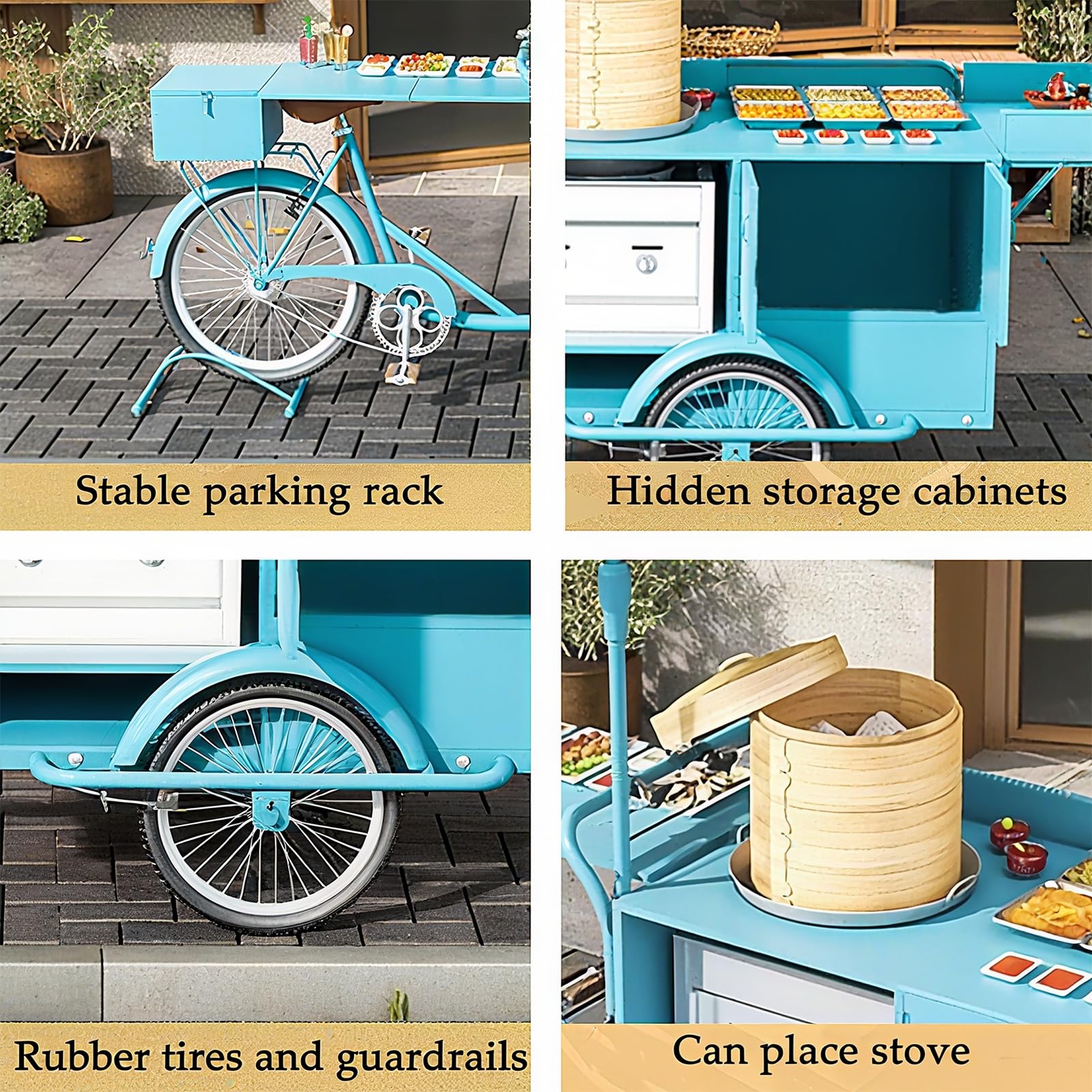 Tricycle Utilitaire Commercial avec Parasol pour la Vente ambulante, Food Trucks, événements en Plein air, Cuisine Mobile, Stand de Restauration, remorque Alimentaire